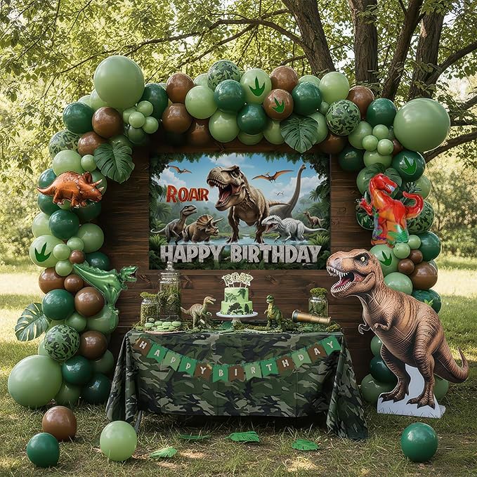Dinosaur Birthday Party Decorations - Includes Green and brown balloon arch & Small dino Foil balloons & Banner Backdrop Footprint Sticker & for kids Jungle Dinosaurs T-REX ROAR themed party Supplies