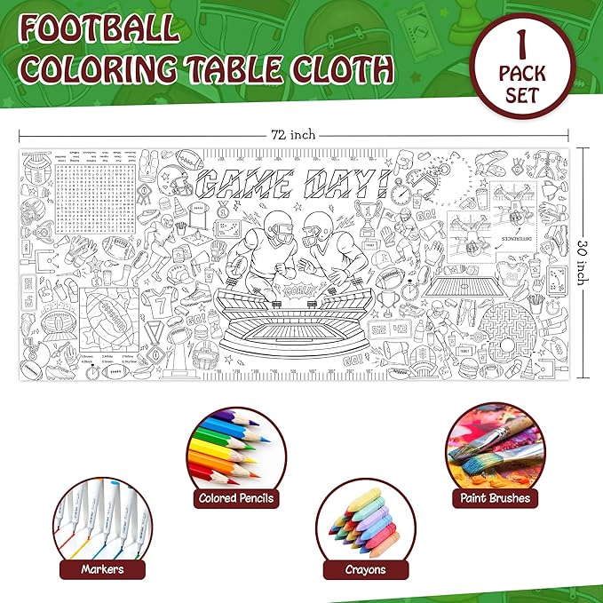 Football Coloring Tablecloth For Kids, Fun 30x72 Inch Poster With Footballs, Helmets, Field Designs, Perfect For Sports Party Games, Game Day Decorations, Classroom Fun, Celebration Supplies