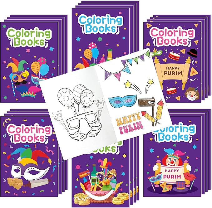 Purim Coloring Books for Kids 24Pcs Bulk Happy Purim Mini Coloring Booklet DIY Art Drawing Book for Toddlers Jewish Carnival Holiday Party Goodie Bags Stuffers Sunday School Classroom Favor