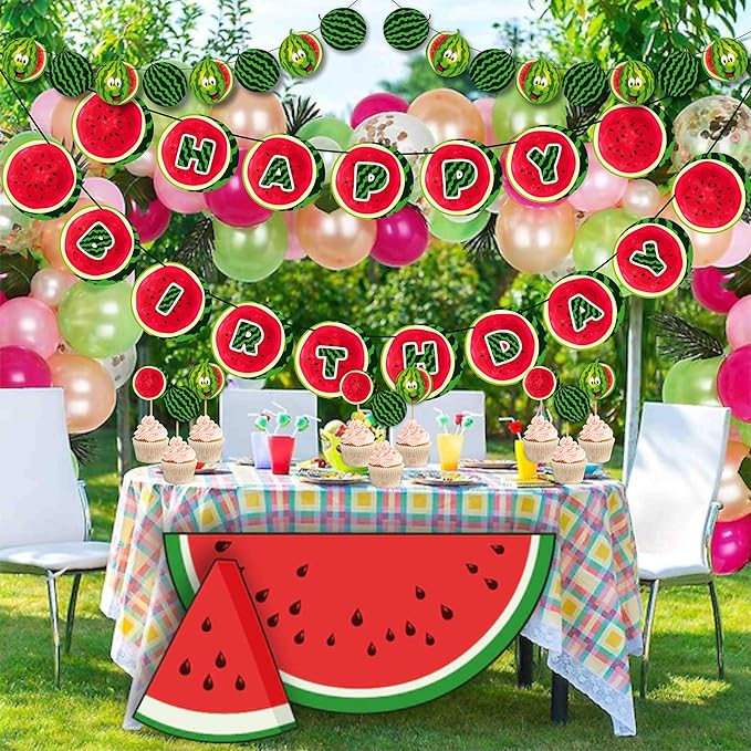 Watermelon Theme Birthday Party Supplies – Fresh Summer Fruit Inspired Party Decoration Set for Birthday Celebrations, Decorative Table Styling Items for Themed Events, Dessert Table Setup.