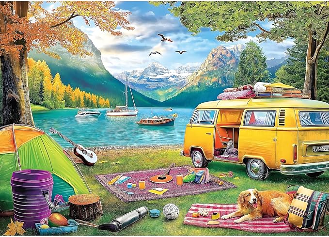 Blueforest 1000 Piece Jigsaw Puzzle - Unique Camping Lake RV Scene - 27.5x19.7 Inches - Challenging Adult Puzzle for Relaxation & Family Activity