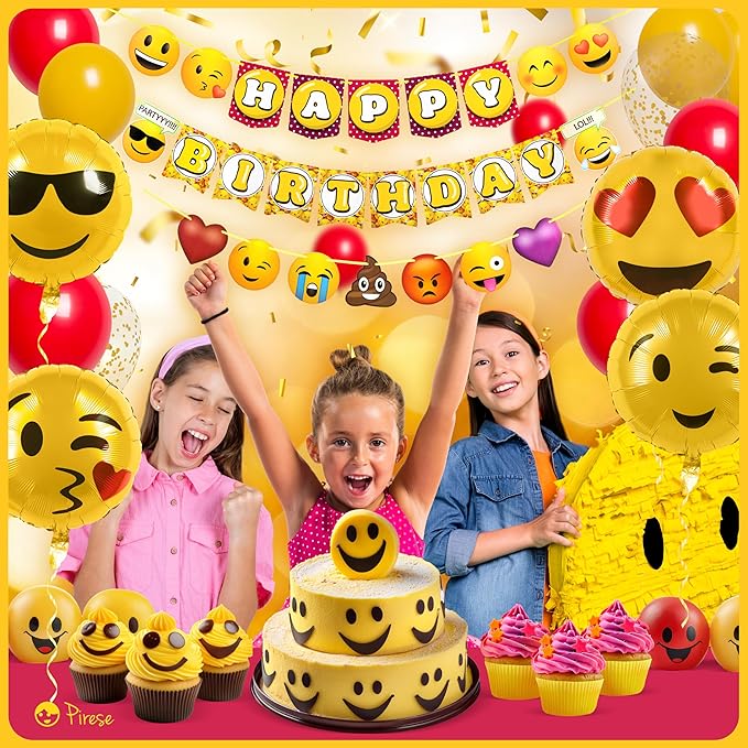 Pirese Emoticon Birthday Decorations - Smile Face Party Supplies, Happy Birthday Banner, Yellow Emoticons Decor, Poop Party Supplies