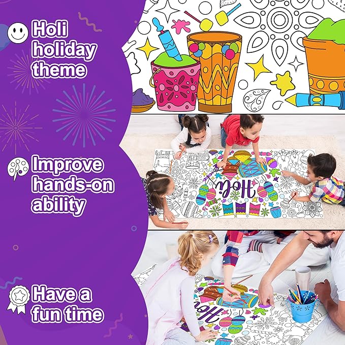 Jumbo Holi Coloring Poster - Happy Holi Festival DIY Drawing Color-in Paper Blank Doodle Art Banner 55.1 x 23.6 Inch Decor Home Family Community Activity Celebration Party Suppiles