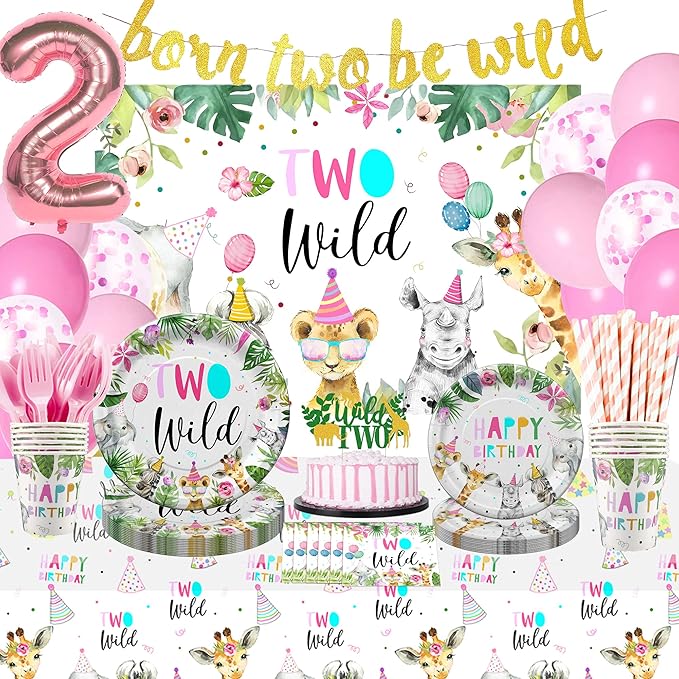 Two Wild Birthday Decorations Dinnerware For Girl, Jungle Safari Theme 2nd Birthday Party Supplies Include Plate, Cup, Napkin, Backdrop, Banner, Tablecloth, Balloon, Cutlery, Topper | Serve 24