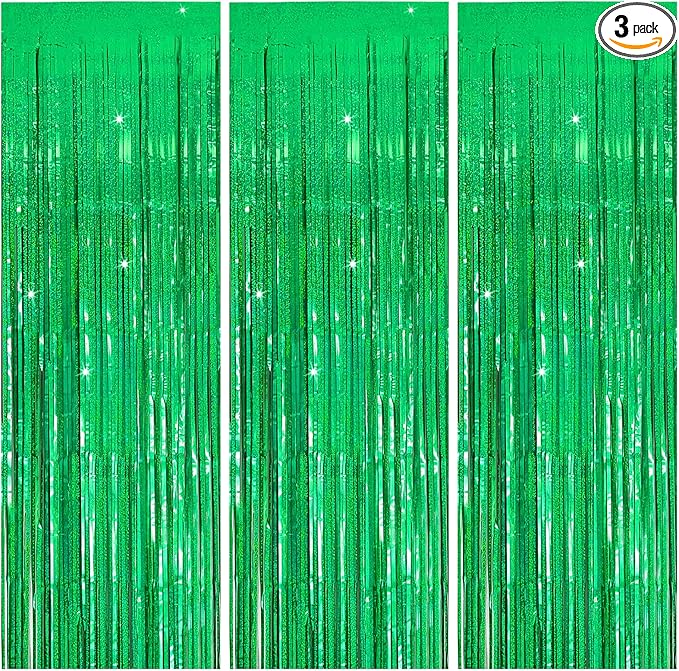 3 Pack Green Streamers Backdrop Jungle Party Decorations Foil Fringe Backdrop Curtains Photo Booth Backdrop for Birthday Dinosaur Animal St Patricks Day Football Christmas Party Decorations