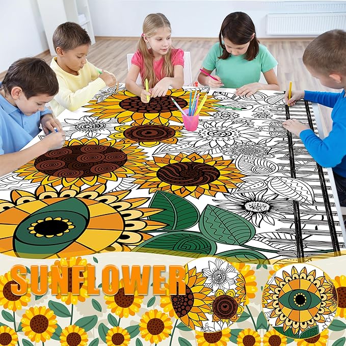 OHOME Sunflower Giant Coloring Poster/Tablecloth - Sunflower Decor - 30 x 72 Inches Jumbo Coloring Banner Kids Crafts Activities Decor Party Supplies