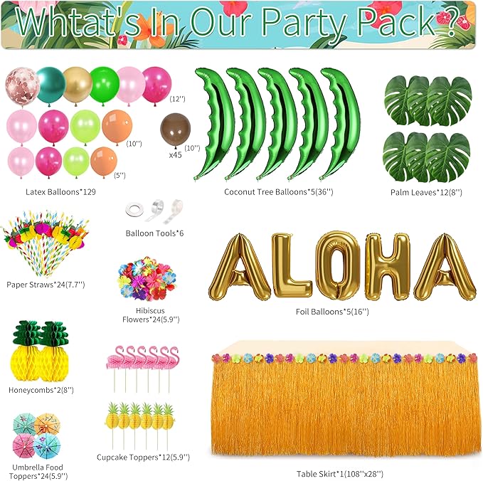 Hawaiian Luau Party Decoration Tropical Aloha Luau Balloons Arch Garland Kit Summer Beach Pool Party Supplies with Coconut Tree Shaped Balloon Set Table Skirt Cake Topper Palm Leaves and Hibiscus
