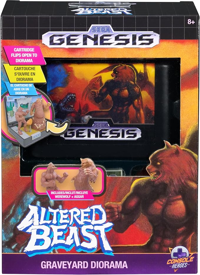 Altered Beast Retro Collectible Diorama – Mini Werewolf & Aggar Figures with Graveyard Boss Scene – SEGA Genesis Cartridge Collectible