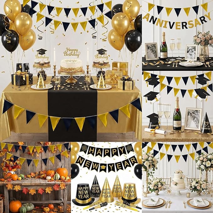 64ft Black Gold Triangle Pennant Banner Flag Metallic Paper Bunting Garland for Hanging Backdrop Birthday Party Decorations Graduation Bachelorette Bridal Wedding Baby Shower New Year Party Supplies