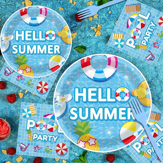 96 Pieces Pool Party Tableware Set for Summer Beach Table Decorations Supplies Beach Ball Birthday Dessert Plates Summer Pool Party Napkins Forks for 24 Guests Hawaiian Pool Birthday Party Favors