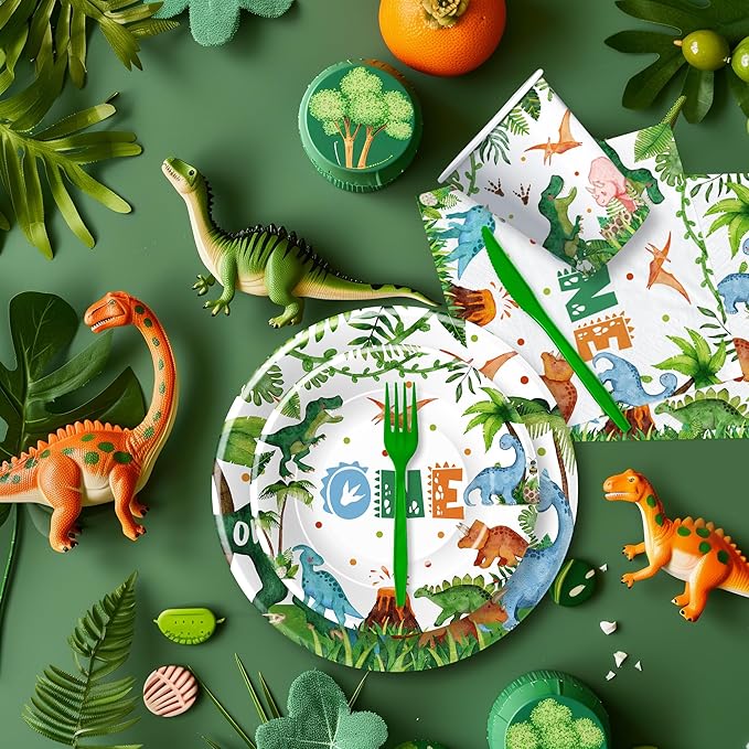 Dinosaur First Birthday Decorations Tableware - Dinosaur 1st Birthday Party Supplies For Boy, Paper Plate, Cup, Napkin, Fork, Dino Party Decorations, Serves 24