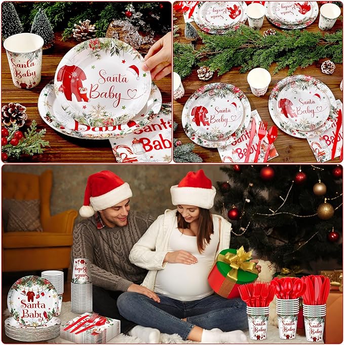 Dandat 350 Pcs Baby Shower Plates Set Serves 50 Tableware Sets Include Plates Napkin Cup Forks Knives Spoons Disposable Dinnerware (Christmas Santa Baby,Red)