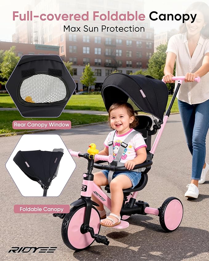 8-in-1 Tricycle for 1.5-5 Years, Tool-Free Switch, Toddler Tricycle with Parent Steering Control Handle for 1.5 to 5 Yrs, Toddler Trike 1.5-3 Years with 5-Point Harness and Large Canopy, Pink