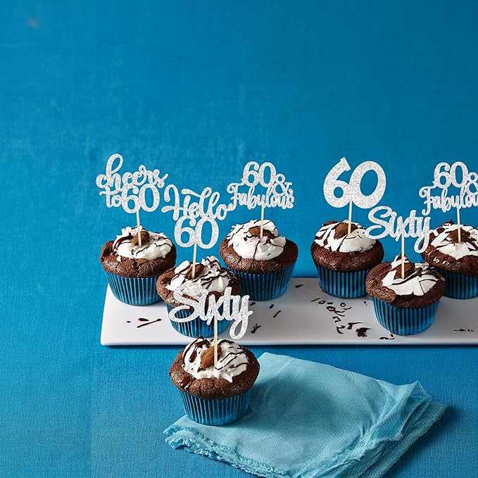 30Pcs Happy 60th Birthday Cupcake Toppers Silver Glitter Sixty Cake Toppers Cheers to 60 Years Old Birthday Cupcake Picks for 60th Anniversary Party Cake Decorations Supplies