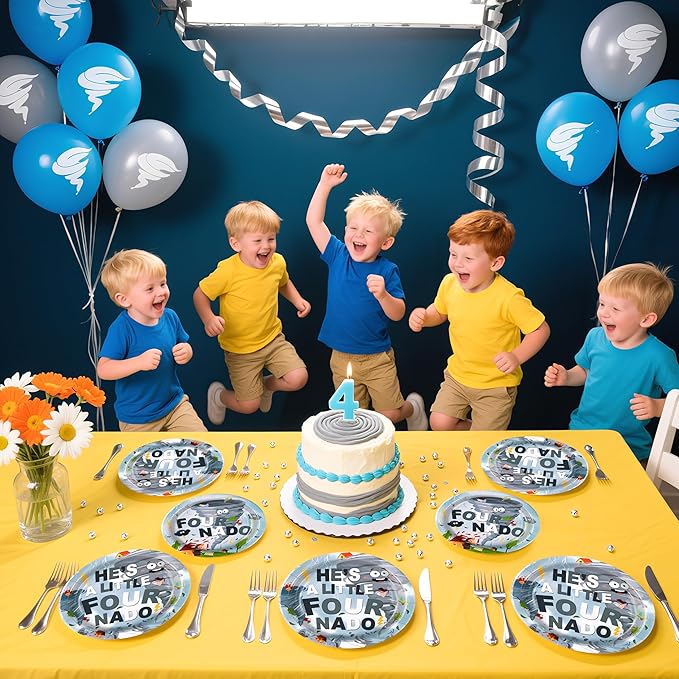 96Pcs Fournado Birthday Party Decorations 4th Birthday Boy Plates and Napkins Disposable He is a Little Four Nado Four Nado Tableware for Boys Kids 4 Year Old Party Supplies, Serves 24