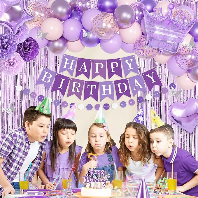 Ouddy Life Purple Birthday Party Decorations for Women Girls, Lavender Purple Pink Foil Confetti Balloons, Fringe Curtain, Cake Topper, Pompoms, Happy Birthday Banner Wedding Princess Party Supplies
