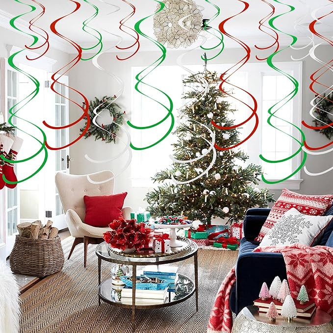 Colorful Ceiling Swirl Foil Decorations Hanging Plastic Streamer Themed Swirl Party for Graduation Celebration, Pack of 28 (Red, Green and Sliver)