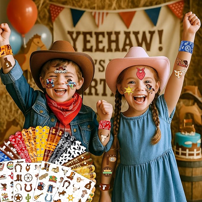 72PCS Cowboy Party Favors for Kids - 24 Slap Bracelets & 48 Pre-Cut Temporary Tattoos, Western Rodeo Birthday Party Supplies, Goodie Bag Fillers, Decorations for Boys & Girls