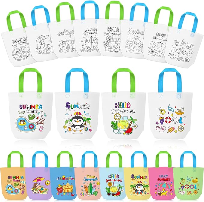 Summer Coloring Goodie Bags for Kids - 24Pcs Hello Summer Beach Bulk Color Your Own Gift Bags with Handle Pool Theme Reusable Coloring Bag Non Woven Tote Bag for DIY Crafts Painting Party Favors