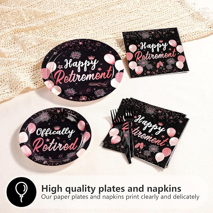 96Pcs Retirement Party Decorations Black Rose Gold Retirement Plates and Napkins Tableware Set Officially Retired Party Decoration for Women Going Away Graduation Farewell Birthday Supplies Serves 24