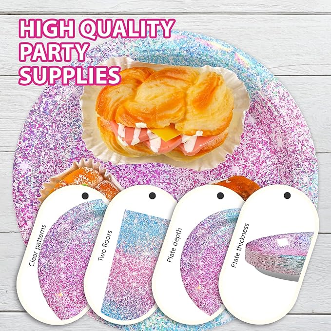 96Pcs Pastel Rainbow Party Decorations Iridescent Party Supplies 350GSM Holographic Print Rainbow Plates and Napkins Set for Baby Mermaid Birthday party Bachelorette Bridal Shower Wedding Serves 24