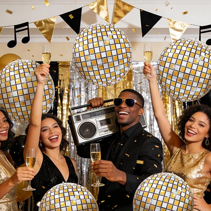 TONIFUL 8Pcs 22Inch Large Gold Disco 4D Giant Round Foil Balloon 4D Metallic Mylar Sephere Balloons for Christmas New Year Birthday Party Graduation Wedding Bridal Shower Decoration Supplies