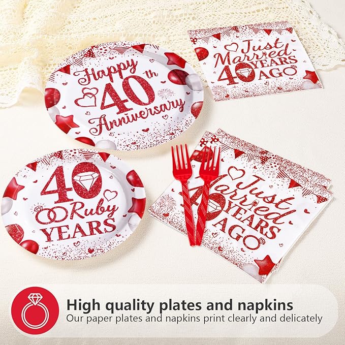 96Pcs 40th Wedding Anniversary Party Supplies Red Happy 40th Anniversary Plates and Napkins Ruby 40 Years Tableware Set for Men Women 40 Years Wedding Anniversaries Party Decorations Serves 24