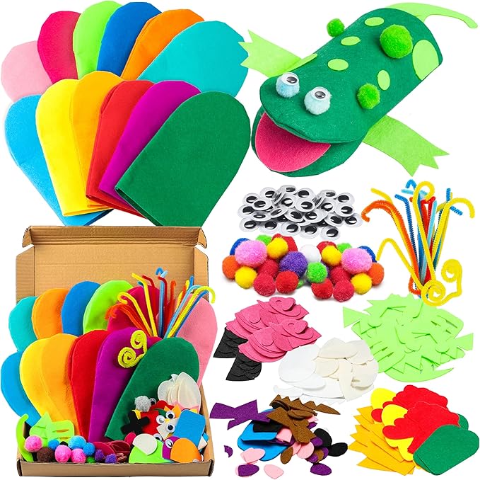 WATINC 12Pcs Hand Puppet Making Kit for Kids Art Craft Felt Sock Puppet Toys Creative DIY Make Your Own Puppets Pompoms Storytelling Role Play Party Supplies for Girls Boys
