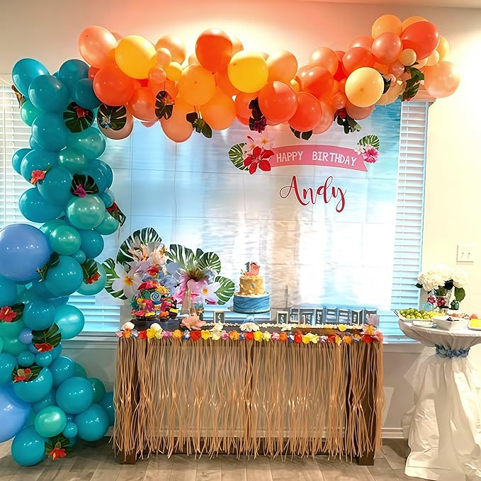 Hawaiian Balloons Set, Pack of 60 12 Inch Orange Teal Blue Light Green Chrome Rose Gold Confetti Latex Balloons for Tropical Luau Beach Aloha Tiki Magic Baby Shower Birthday Party Decorations Supplies