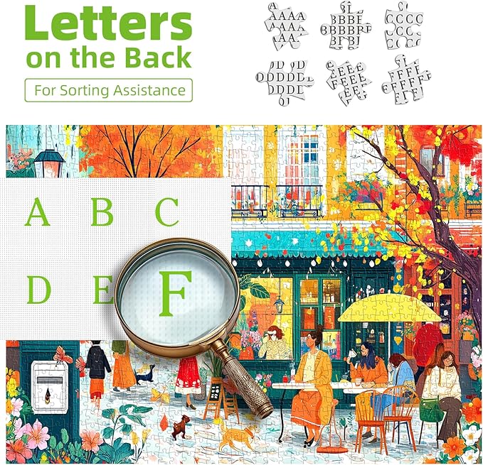 Autumn Cafe Scene Puzzle for Adults 500 Pieces Colorful Street Jigsaw Puzzle with Letters on Back Fall City Street Landscape Challenging Puzzle Ideal for Family Game Nights & Seniors (23''×15'')