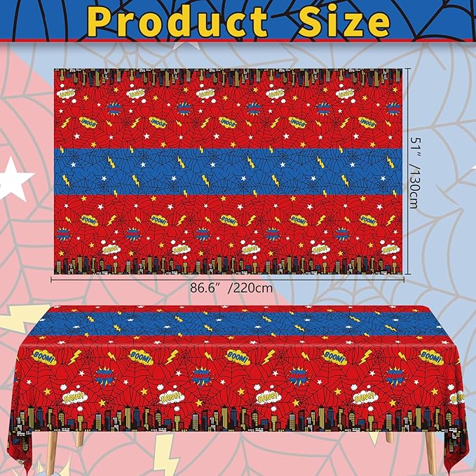 4Pack Spider Web Themed Birthday Party Tablecloths Red Blue Cartoon Plastic Table Cover City Web Theme Table Cloth for Baby Shower Kids Boys Birthday Party Supplies 86X51inches