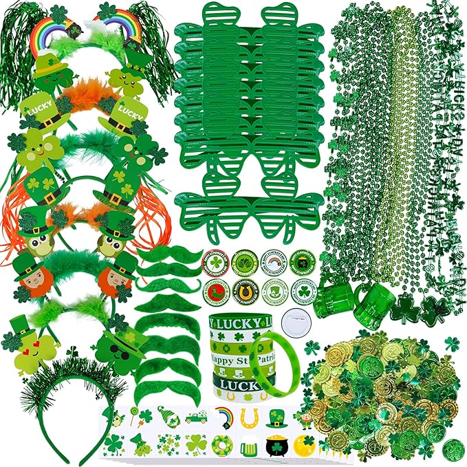 Winlyn Bulk St. Patrick's Day Novelty Jewelry Assortment St. Pat's Party Favors Supplies Shamrock Necklace Coins Head Bopper Bracelet Tattoo Mustaches Accessories for St. Patty's Day Irish Party Decor