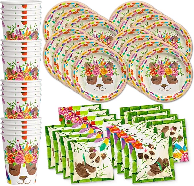 Panda Floral Birthday Party Supplies Set - Panda Bear Party Supplies - Boho Party Supplies - Birthday Party for Girl - 1st Birthday Party | Tableware Includes Plates, Napkins and Cups | Kit for 16
