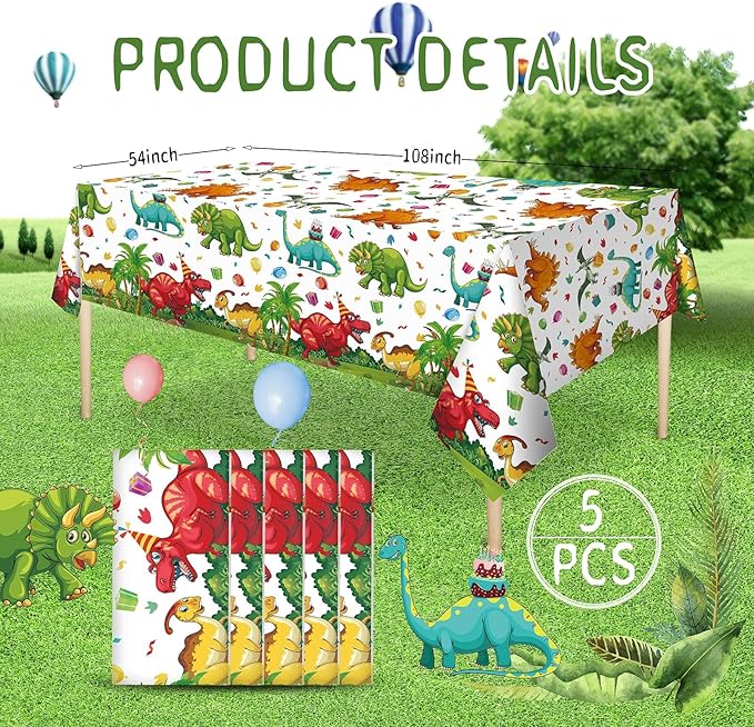 Tegeme 5 Pcs Dinosaur Plastic Tablecloth Dinosaur Party Table Cover 54 x 108 Inch Disposable Waterproof Dino Print Table Cloth for Birthday Party Supplies Picnic