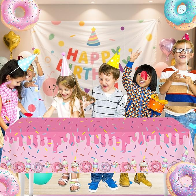 4Pcs Pink Donut Ice Cream Tablecloth Party Decorations for Baby Girl Sweet One Dessert Time Party Supplies, Ideal for Girl Birthday Parties, Baby Showers, Birthday Donut Themed Decorations
