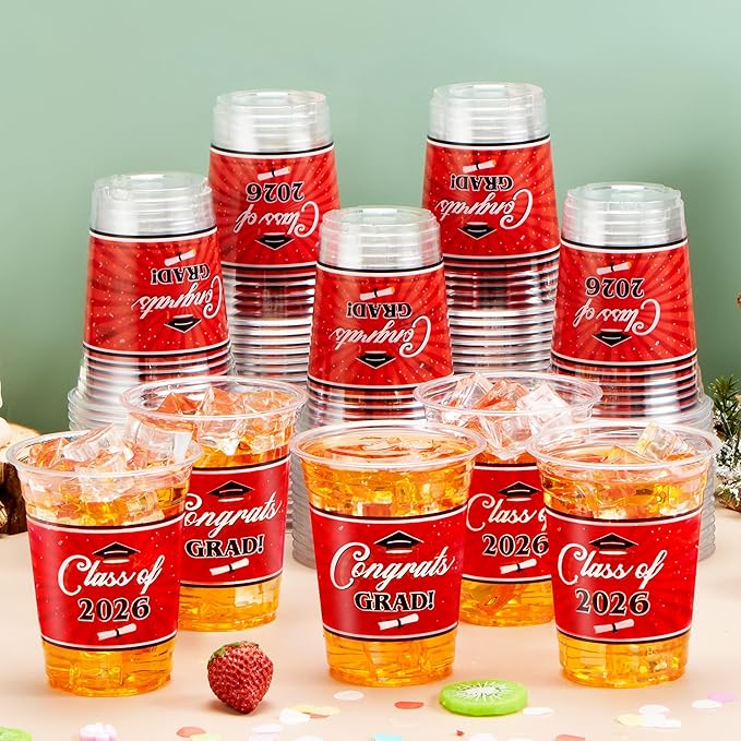 JOYIN 100 Pcs 16oz Graduation Party Plastic Cups (Red), Grad Disposable Cups for Class of 2026 Graduates, PET Cup Tableware Bulk for 2026 High School College Graduation Grad School Party Supply Decor