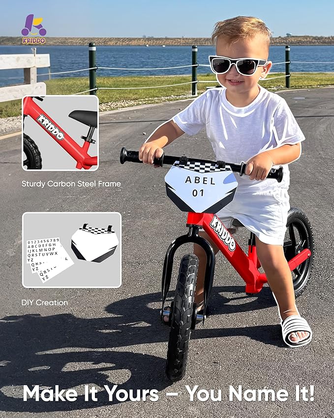 KRIDDO Toddler Balance Bike 2 Year Old, Age 18 Months to 5 Years Old, 12 Inch Push Bicycle with Customize Plate (3 Sets of Stickers Included), Steady Balancing, Gift Bike for 2-3 Boys Girls, Red
