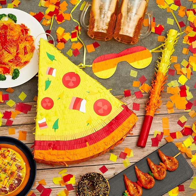 Lewtemi Pizza Piñata Party Favors with Stick, Confetti and Blindfold - Pizza Shower Theme Decorations for Summer Birthday Mexican Party Supplies