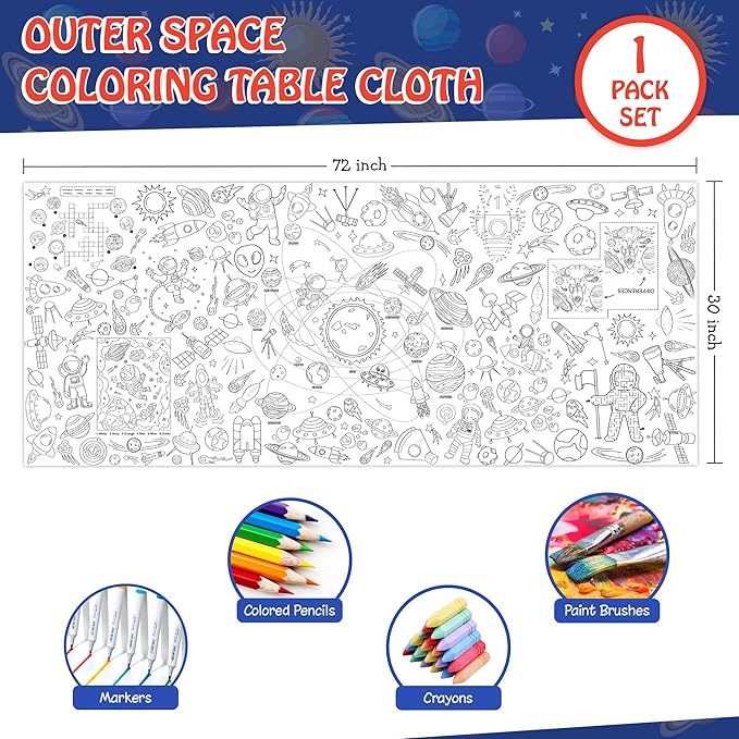 Outer Space Coloring Tablecloth for Kids, Giant 30x72 Inch Poster with Astronauts, Solar System, Perfect for Space Party Games, Galaxy Decorations, Classroom Fun, Celebration Supplies