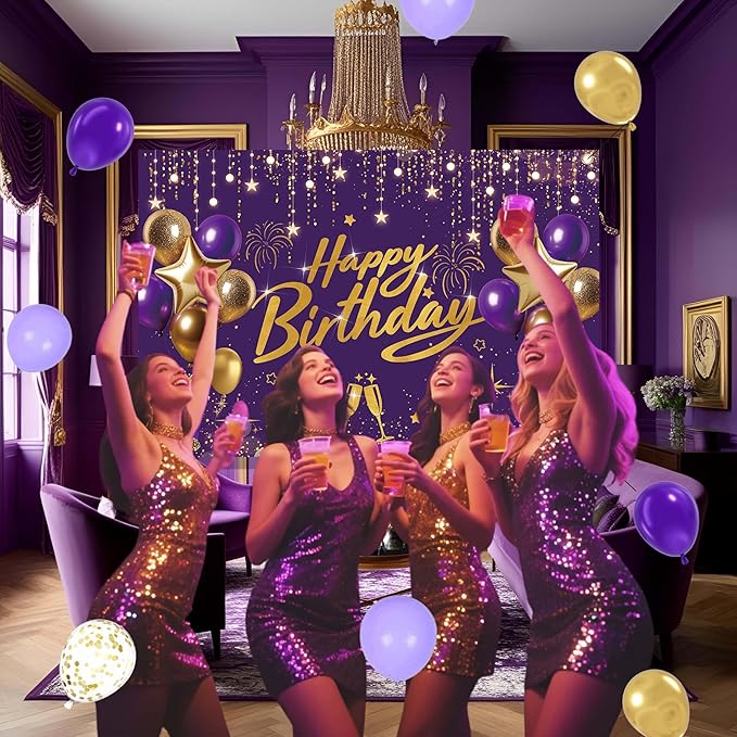 Purple and Gold Birthday Decorations for Women,Party Supplies with Happy Birthday Backdrop,Balloon Garland Arch Kit For Girls