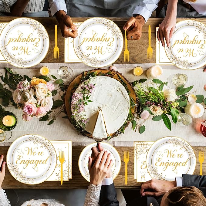 96Pcs Happy Engagement Party Supplies Engagement Paper Plates Napkins We're Engaged Party Tableware Set We're Engaged Dinnerware for Wedding Birthday Bridal Shower Decoration Serve 24