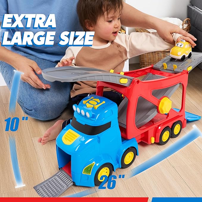 JOVA Extra Large Toy Trucks for Toddlers, 3-Layer City Trucks for Kids, 7-in-1 Big Transport Carrier Truck with Siren & Lights and 6 Toy Cars, Birthday Gifts for Boys