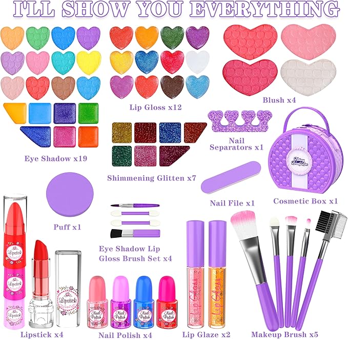 Kids Makeup Kit for Girl, 66 Pcs Washable Makeup Set for Little Girls, Real Cosmetic Set Pretend Play Makeup Toy Beauty Set Christmas & Birthday Gift Age 3 4 5 6 7 8 9+ Year Old Kids Toddler Toys