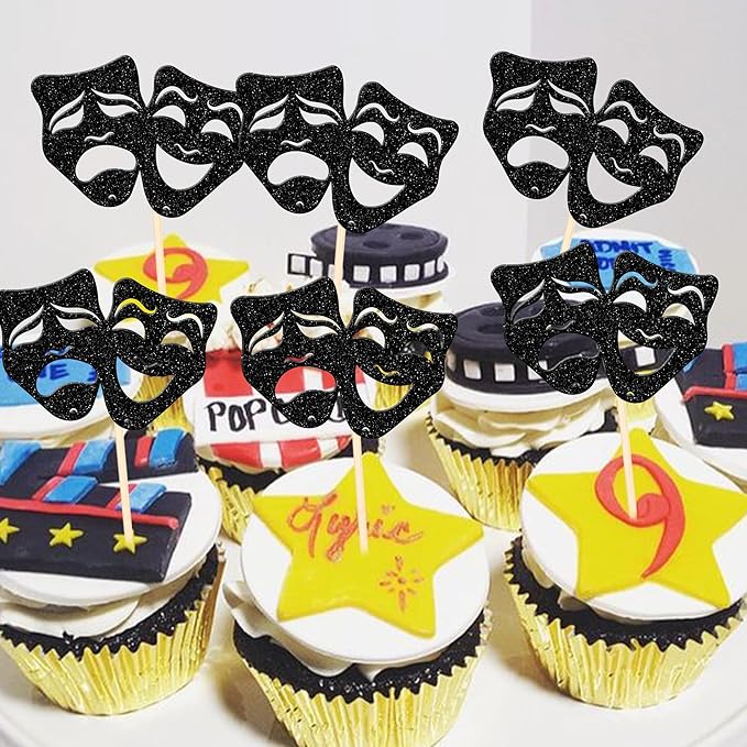 24 PCS Theatrical Mask Cupcake Toppers Glitter Comedy Movie Night Cupcake Picks for Film Festival Theme Birthday Party Cake Decorations Supplies Black