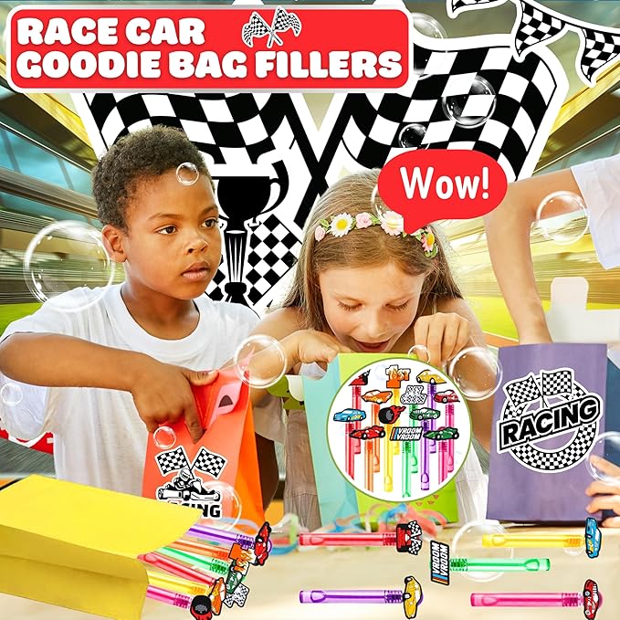 Race Car Party Favors for Kids – 24PCS Racing-Themed Bubble Wands, Great for Birthday Supplies, Pinata Fillers, Goodie Bags & Classroom Rewards