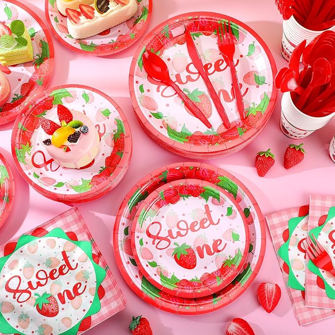 350 Pcs Strawberry Sweet One Party Supplies Tableware Set Disposable 9'' 7'' Paper Plates 9 oz Cups Cutlery Napkins Dinnerware Set for 1st Birthday, Serve 50 (Strawberry Sweet One, Red, Pink)