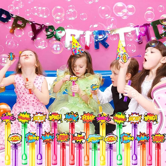 Hero Party Favors for Kids – 24PCS POW BAM ZAP Bubble Wands, Great for Birthday Supplies, Piñata Fillers, Goodie Bags & Classroom Rewards