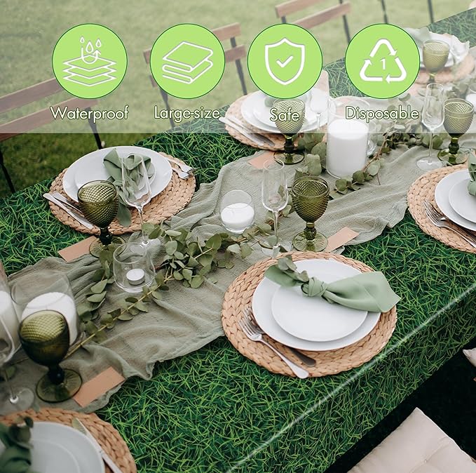 Kochorie 54 Inch x 100 Ft Grass Plastic Table Cloth Roll Disposable Waterproof Football Field Table Cover Plastic Table Cover Roll with Easy Slide Cutter for Jungle Party/Sport/Outdoor Picnic