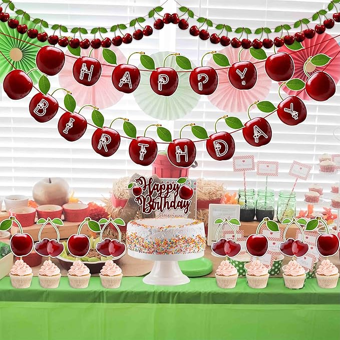 Cherry Theme Birthday Party Supplies – Sweet Fruit Inspired Party Decoration Set for Birthday Celebrations, Decorative Table Styling Items for Themed Events, Dessert Table Setup.