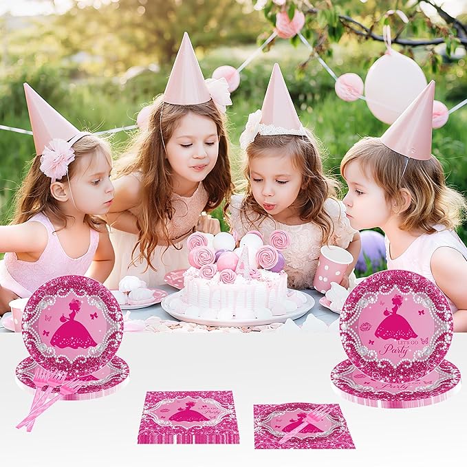 96Pcs Let's Go Party Plates & Napkins, Princess Birthday Party Tableware Set, Pink Disposable Plates, Forks, Bachelorette Girl Napkins for 24 Guests